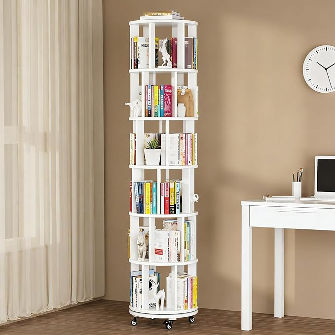 Rotating Bookshelf Tower with Wheels, 6 Tier Walnut Wood Round Spinning Bookshelf Tower, 360° Revolving Bookcase Rolling for Kids Adult, Rotation Book Shelf for Bedroom, Living, Office, Corner, White