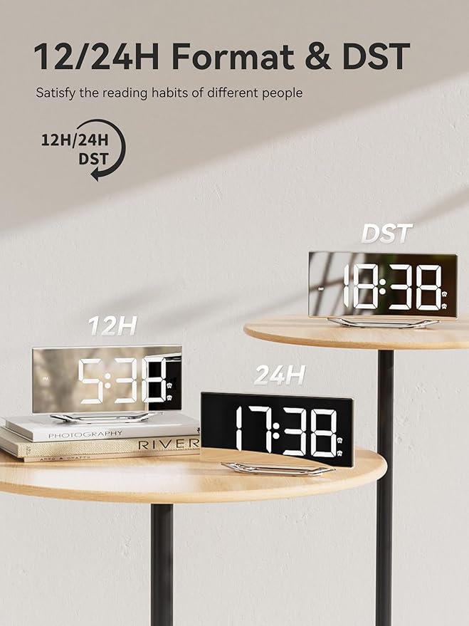 Digital Clock for Living Room, Slim LED Mirror Digital Alarm Clock with 2 USB Ports, Dual Alarms, 12/24H, Large Display with Diming Mode, Modern Electronic Clock for Bedroom Home Office Desk Decor