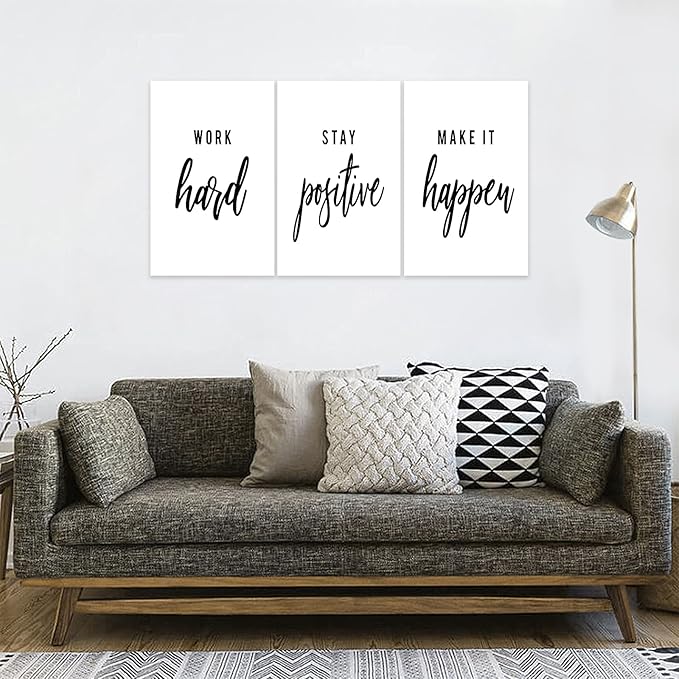 3 Piece Inspirational Wall Art, White Motivational Mindset Picture, Quote "Work Stay Make It" Canvas Print for Office Decor, Triptych Entrepreneur Poster Framed Artwork for Gym Wall Decor (48"Wx24" H)