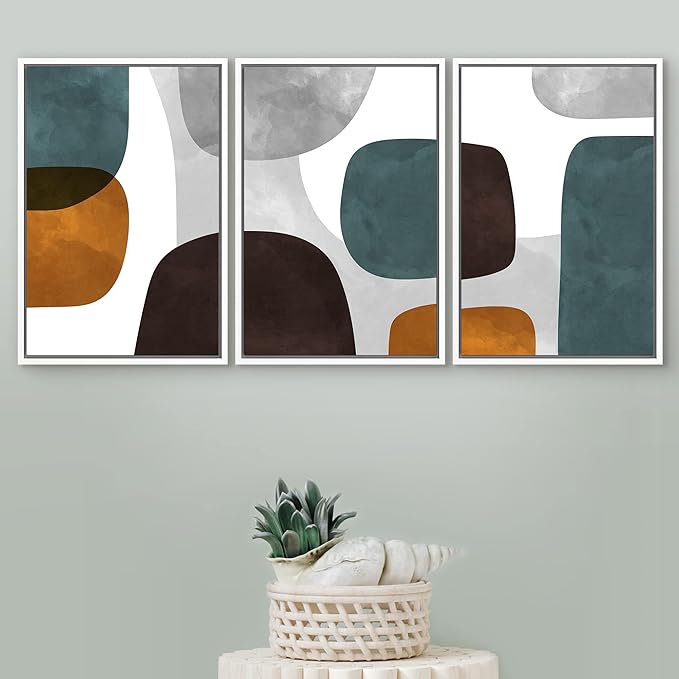 SIGNFORD Framed Wall Art Print Set Pastel Watercolor Geometric Blots Shape Abstract Illustrations Modern Decorative Multicolor Relax/Calm Chic for Living Room, Bedroom, Office - 24"x36"x3 White