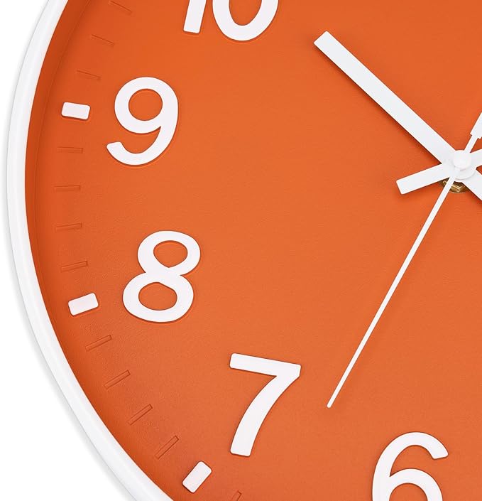 Foxtop Modern Wall Clock Silent Non-Ticking Battery Operated Round Quartz 12 Inch Wall Clock for Bedroom Living Room Kitchen Home School Office Decor (Orange & White)