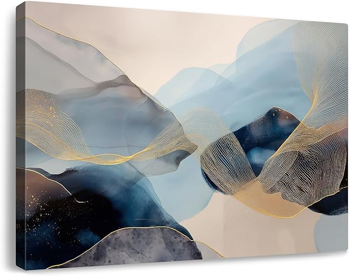 gaosoul Modern Blue Abstract Canvas Wall Art Oil Painting Giclee Print of Flowing Azure Textures Delicate Gold Filigree Soft Color Transitions Minimalism Artwork for Home Office Decor Framed 24x16in
