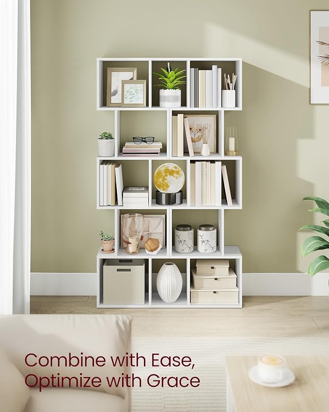 VASAGLE Bookshelf, 5-Tier Bookcase, 9.4 x 15.7 x 62.6 Inches, Storage Shelf with Open Compartments, Modern Style, for Living Room, Bedroom, Office, Matte White ULBC462W01