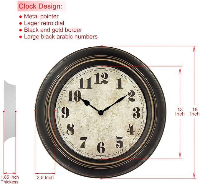 45MinST 18 Inches Retro Wall Clock, Silent Non Ticking Battery Operated Movement, Home/Wall Decor, Easy to Read, Decorate Bedroom/Living Room/Office