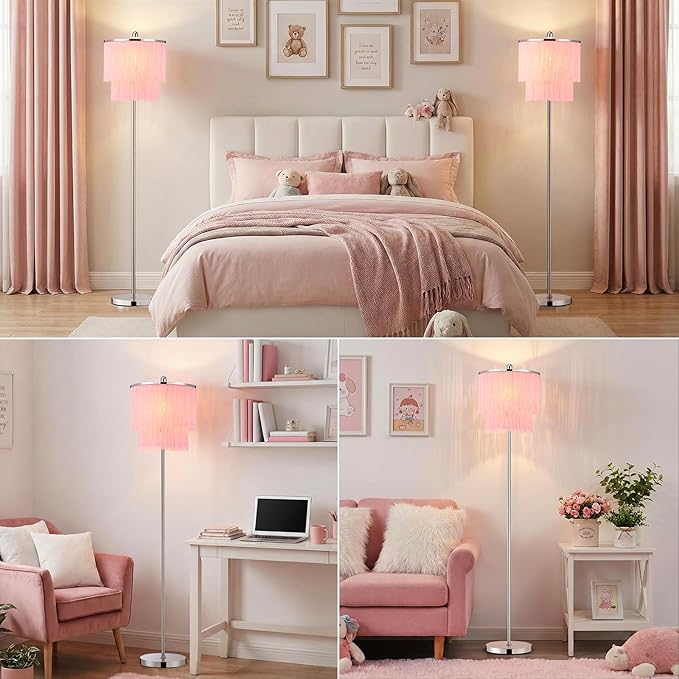 Modern Floor Lamp with Pink Tassel Lampshade for Girls Room, 63" Tall Fringe Standing Bedroom Lamp with Soft Lighting, Boho Stand Up Corner Pink Lamp for Living Room（Bulb Included）