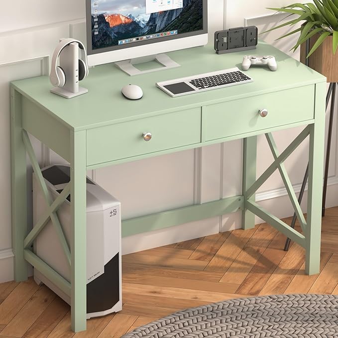 WiberWi Home Office Desk with Drawers, Small Writing Computer Desk for Bedroom, Modern Green Makeup Vanity Table for Girls, Study Table for Home Office