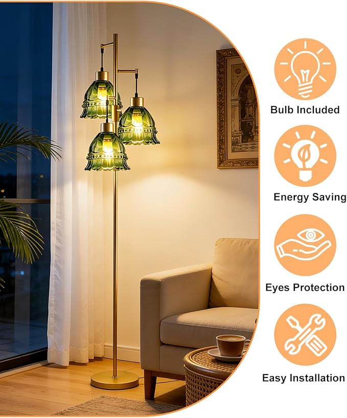 Lightdot 3-Lights Glass Floor Lamp Dimmable Gold Floor Lamp with Green Glass Shade 3000K Bulbs Included Unique Modern Standing Tall Lamp for Living Room/Bedroom/Sofa Beside/Corner Decor