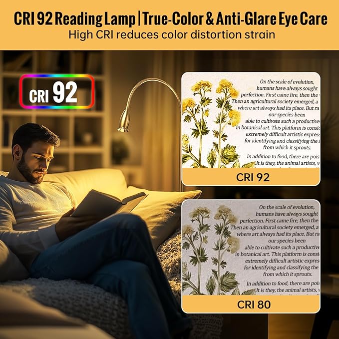 Reading Floor Lamp, 73" Standing Lamp with Dimmable Zoomable LED Spotlight, Adjustable Color Beam and Flexible Gooseneck, Remote & Pedal Control, for Reading Bedroom Crafting (Antique Brass)