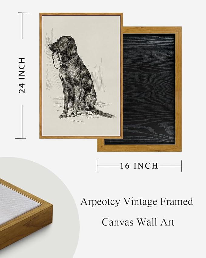 ARPEOTCY Vintage Framed Canvas Wall Art, Dog Art Print for Home Decor Aesthetic, Rustic Vintage Animal Large Wall art for Living Room, Bedroom, Office, 16x24 Inch
