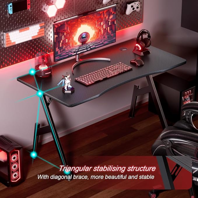 HLDIRECT 40 Inch Gaming Desk, Small Computer Gaming Desk Table with Cable Management, Ergonomic A Shape Modern Carbon Fiber Gamer Table Pc Workstation Home Office Desks for Small Space, Black