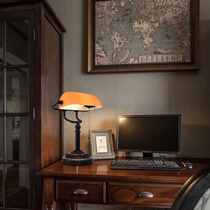 Rustic Banker's Desk Lamp Pull Chain, Traditional Bankers Desk Lamp with USB Port, Vintage Farmhouse Table Lamp for Home Office Library