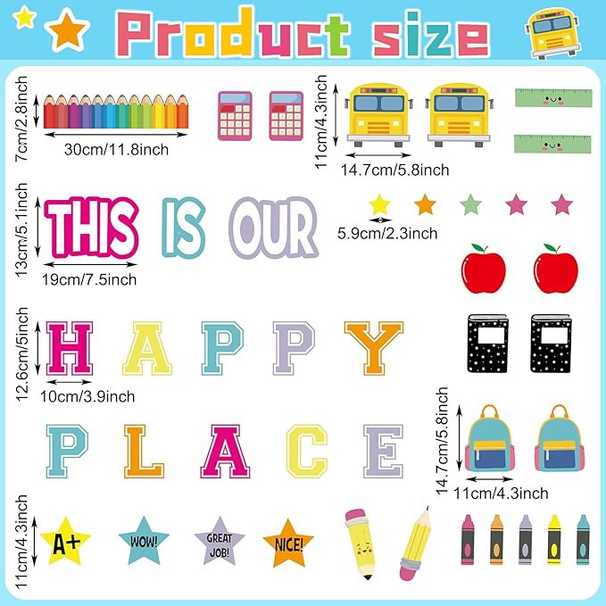 This is Our Happy Place Classroom Decor Welcome Back to School Bulletin Board Set DIY Paper Die Cuts Decorating Supplies for First Day of School Craft Classroom Wall Decor
