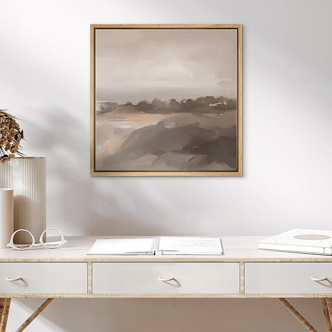 SIGNWIN Framed Canvas Print Wall Art Soft Neutral Coastal Landscape Tranquil Seaside Scene in Warm Beige Tones Illustrations Decorative Relax/Zen for Living Room, Bedroom, Office - 16"x16" Natural