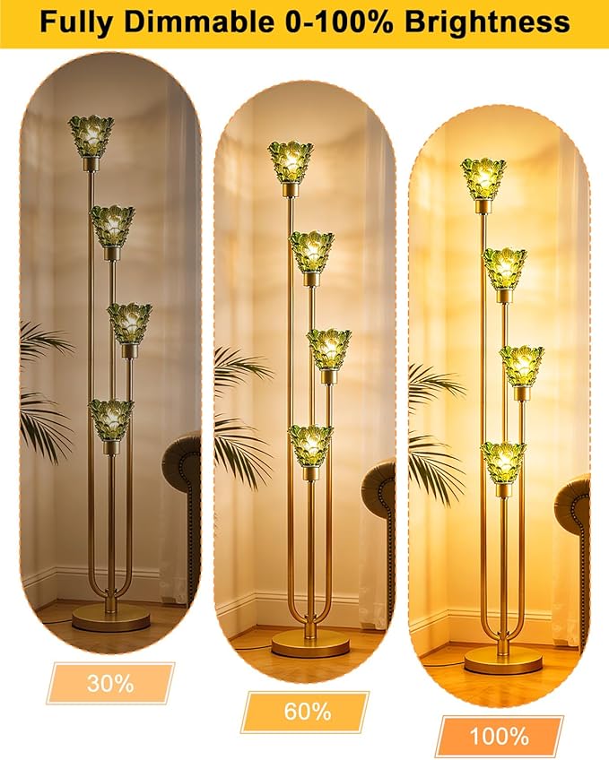 63IN 4-Lights Glass Floor Lamp Modern Dimmable Floor Lamps with Green Glass Shade& 3000K Soft Warm White Bulbs for Wedding/Party, Gold Tall Standing Lamp for Living Room/Bedroom