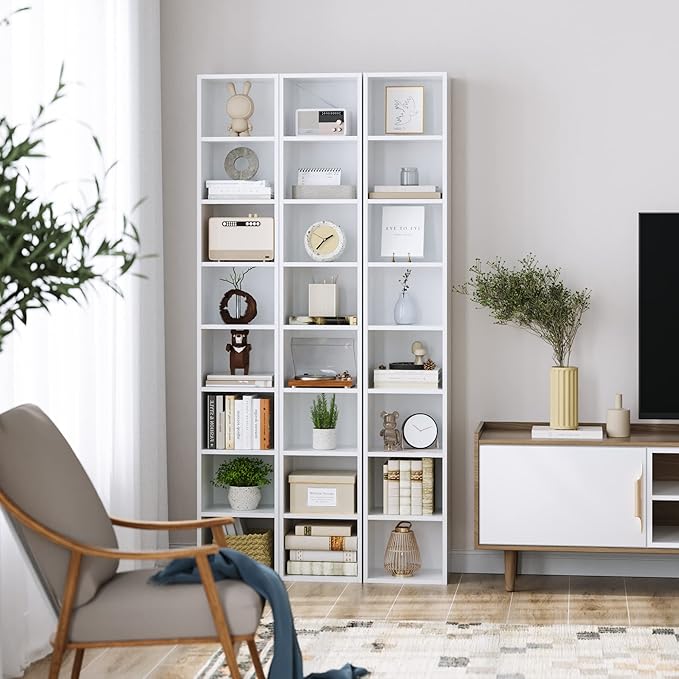 FOTOSOK 2 Pcs 71'' Tall Narrow Bookshelf, 8-Tier Media Tower Rack Set of 2, CD DVD Storage Cabinet with Adjustable Shelves, Tall Narrow Bookcase Skinny Display Bookshelf Slim Shelf, White