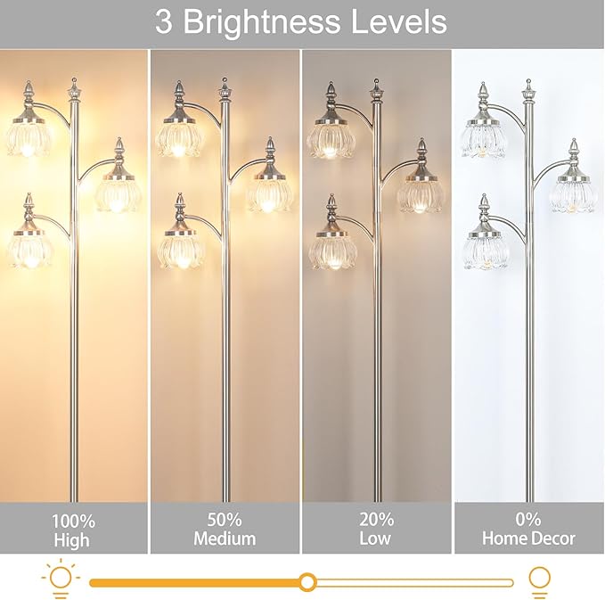 Brushed Nickel Floor Lamps for Living Room Silver Flower Standing Lamp with 3 Brightness Lights Glass Shades 66.5in Lamp for Bedroom Office(3LED Bulbs Included)