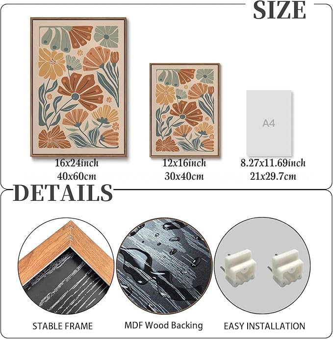 KISSFOX Framed Canvas Wall Art Abstract Floral Botanical Print Set of 3 Green Beige Wildflower Flower Market Paintings Boho Modern Minimalist Pictures Decor Bedroom Bathroom Living Room 16"x24"
