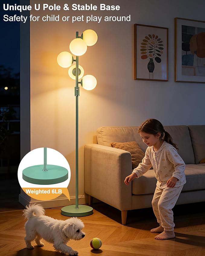 Lightdot Dimmable Globe Floor Lamp Mid Century Modern Floor Lamp with 5Pcs 3000K G9 Bulbs Stepless Brightness Adjustable Green Standing Lamps with Stable Base for Living Room Bedroom Office