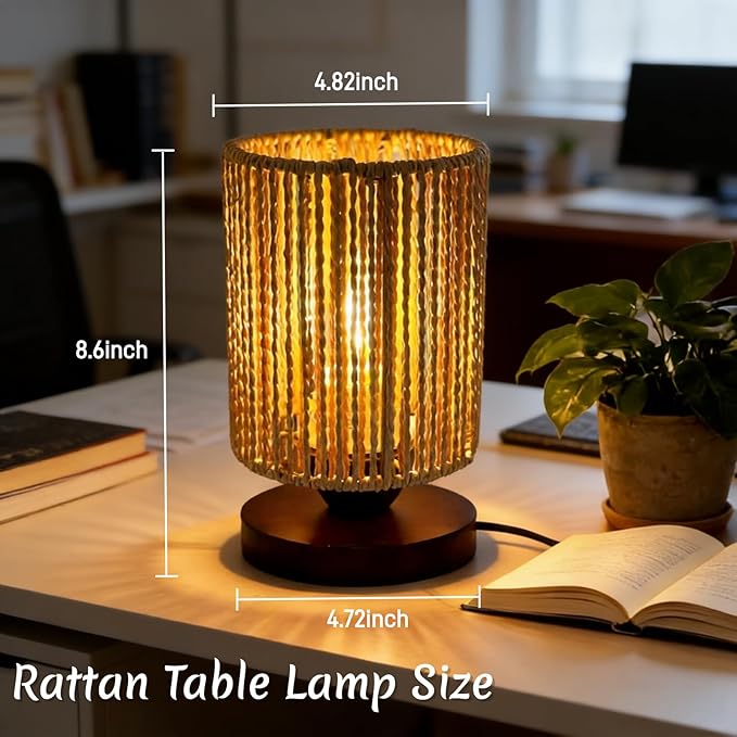 Rattan Table Lamp, Boho Bedroom Bedside Small Lamps with Warm White LED Bulb, Vintage Wooden Nightstand Nightlight, Rustic Handmade Woven End Desk Lamps for Bedroom Living Room Study Kids Room