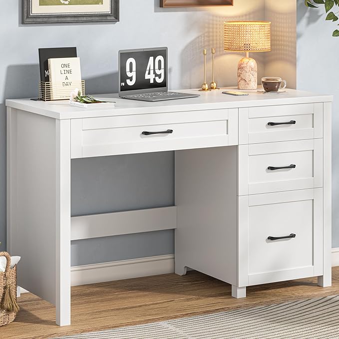 Farmhouse 47" Executive Desk, Computer Desk with File Drawer and Charging Station, Workstation for Home Office, Study.（Cream White