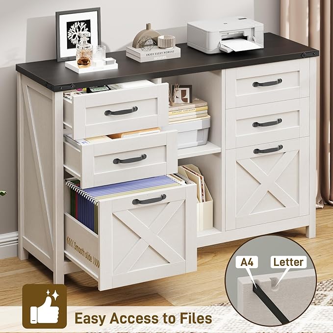 Farmhouse Lateral Filing Cabinet, Lateral File Cabinet with 6 Drawers and Adjustable Shelf, Large Printer Stand with 2 File Drawers for Letter/A4 Size Hanging Files for Home Office, White and Black