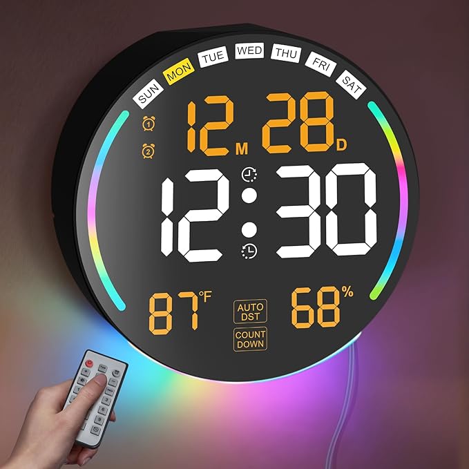 Large Digital Wall Clock with 10.3" LED Display,Alarm,Countdown Timer,DST,Temperature,Humidity,Auto-Dimming,Remote Control,Night Light for Classroom,Bedroom,Living Room,Office,Gym