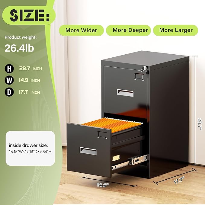 Oakcloud 2 Draw File Cabinet for Home Office, Filing Cabinet with Lock, Metal Vertical File Storage Cabinet for A4/F4/Letter/Legal Size, Easy Assemble (15“-Black)