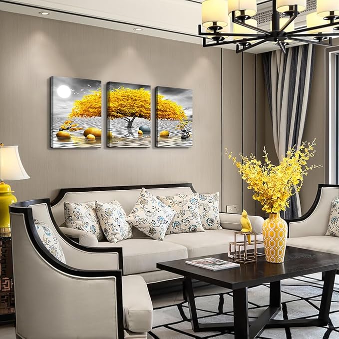 Wall decorations for living room Canvas Wall Art for bedroom Abstract wall decor Black and white Canvas Art Yellow tree paintings bathroom Home Decoration 3 Piece Hang Pictures Office Wall Artworks