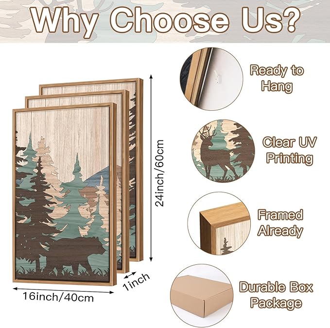 CHDITB Watercolor Woodland Bear Deer Wild Animals Framed Wall Art(Set of 3, 16”x24”), Retro Forest Mountain Sun Artwork Painting, Adventure Themed Nature Landscape Posters Print for Nursery Baby Boy