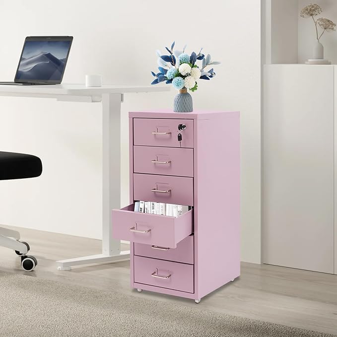 6 Tiers Vertical File Cabinet, Metal File Cabinet with Lock & Wheels for Files, Documents, Freestanding Filing Cabinet for Office Home, Multiple Colors Available (Purple)