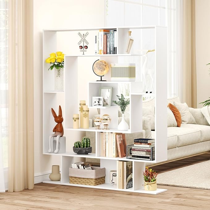 Giantex 7-Tier Geometric Bookshelf with Open Shelves, Modern Bookcase Display Shelf for Living Room Bedroom Study, Freestanding Storage Rack with Anti-Tip Kit, 49.5''L x 8.5''W x 59''H (White)
