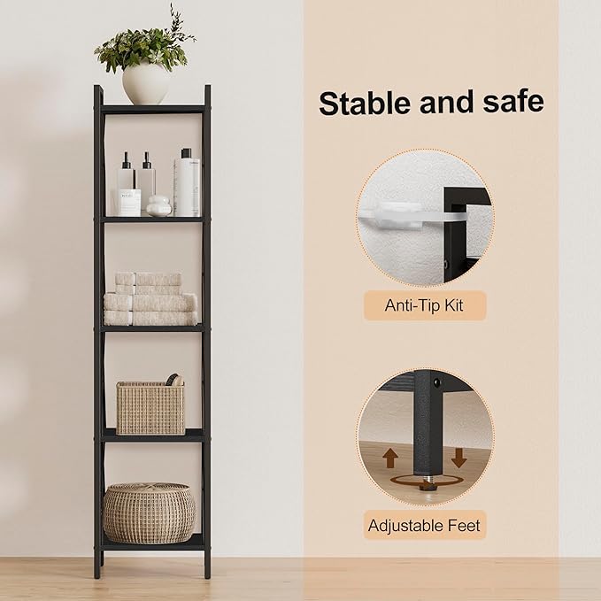 Homhedy 5 Tier Bookshelf, Tall Narrow Bookcase for Small Space, Metal Storage Book Shelf, for Home Office, Living Room, Kitchen, Bedroom, Industrial Style, 10.4" D x 13" W x 55.1" H, Black