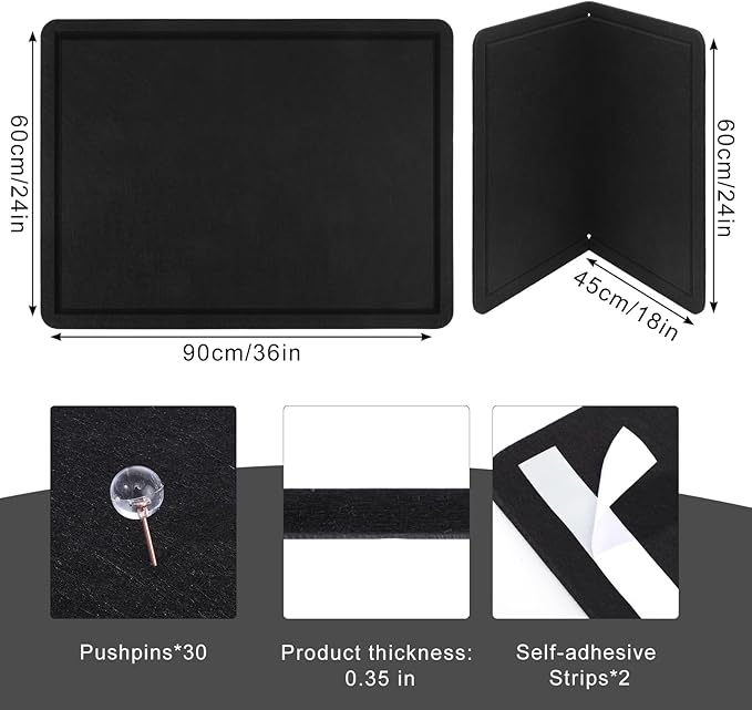 Bulletin Board, 36" x 24" Foldable Cork Board Felt Pin Boards with 35 Pushpins Self-Adhesive Photo Decorative Felt Boards for Walls, Office, School, Classroom, Home, Bedroom - Black