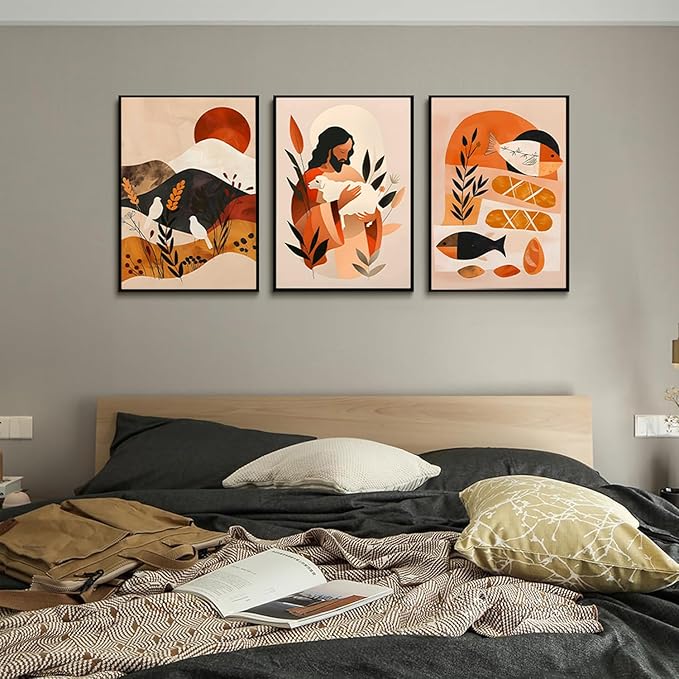 3Pcs Jesus Canvas Wall Art Boho Retro Art Home Posters Prints Jesus Feeds The 5000 Christian Abstract Pictures Wall Decor for Living Room Bedroom Church Decoration Unframed