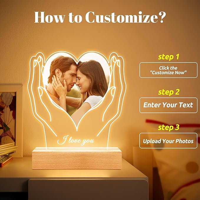 Personalized Picture Frame with Photo, Customized Photo Frame with Night Light, Custom Picture Frames, Personalized Anniversary Couple Gifts for Women Men Her Him Girlfriend Boyfriend Wife Husband