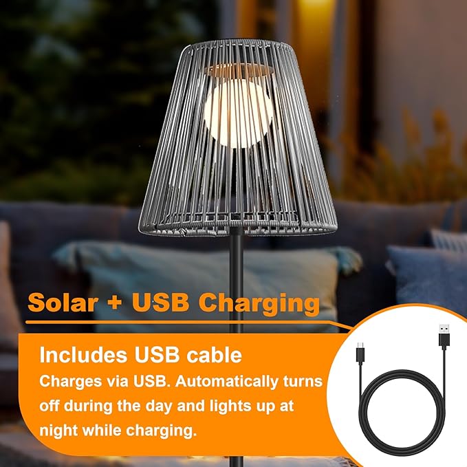 Outdoor Solar Floor Lamp, Garden Rattan Wicker Light, Metal Pole and Base, Waterproof Yard Garden Wedding Home Decor Light -Grey