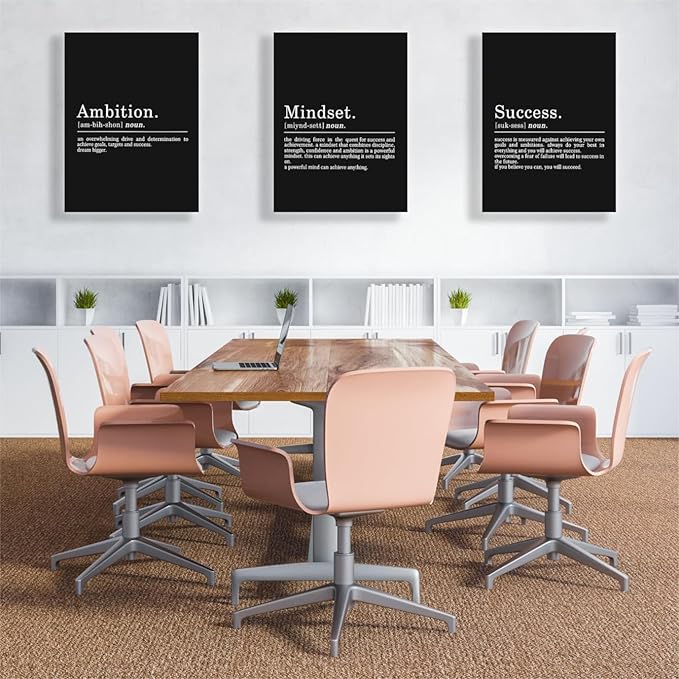 COSCTOR Set of 3 Motivational Wall Art Canvas Garage Office Workplace Living Room Bedroom Ambition Mindest Success Black and White Wall Decor Set of 3 Inspirational Quotes Posters Proverbs Paintings(Framed,12x16)