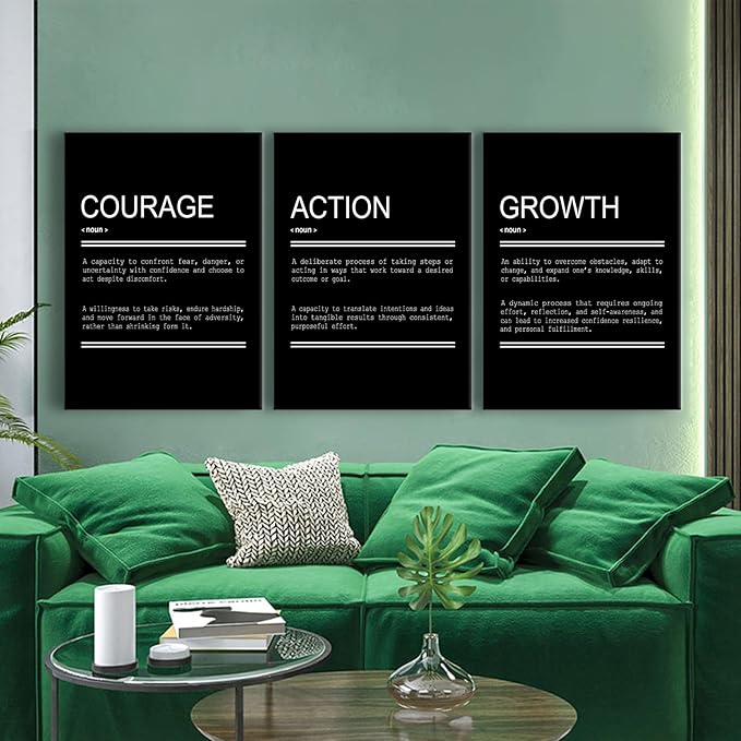 YSPCSUN Courage Action Growth Inspirational Canvas Wall Art 3 Pieces Entrepreneur Quote Picture Painting Motivational Print Poster for Office Living Room Gym Wall Decor Ready to Hang [60''Wx28''H]