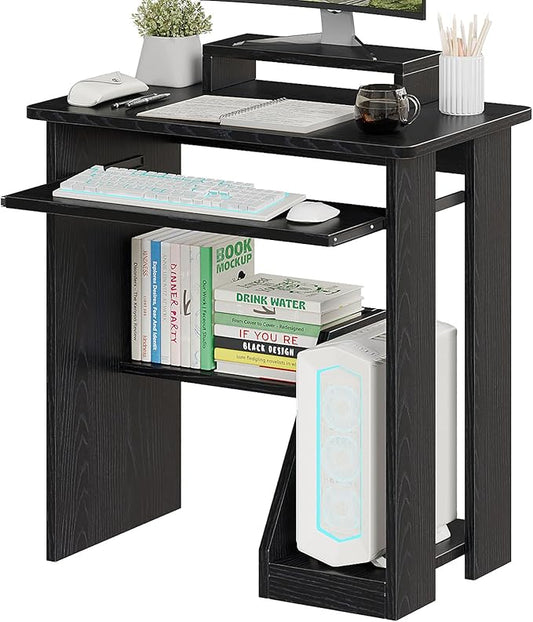 ALISENED 30" Small Computer Desk with Keyboard Tray Monitor Stand, Study Writing Desk with Storage Shelves, Modern Workstation for Small Spaces, Save Space, Black A