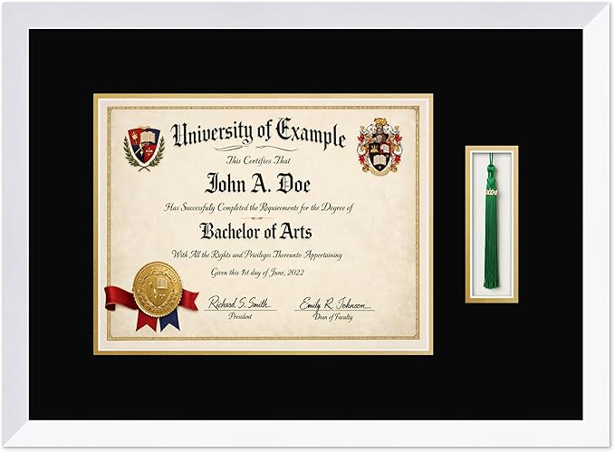 CountryArtHouse Diploma and Tassel Frame Fits 13 x 10 College Diploma (Traditional) with Tassel Bright White Genuine Hardwood Shadowbox with Black Over Metallic Gold Double mat
