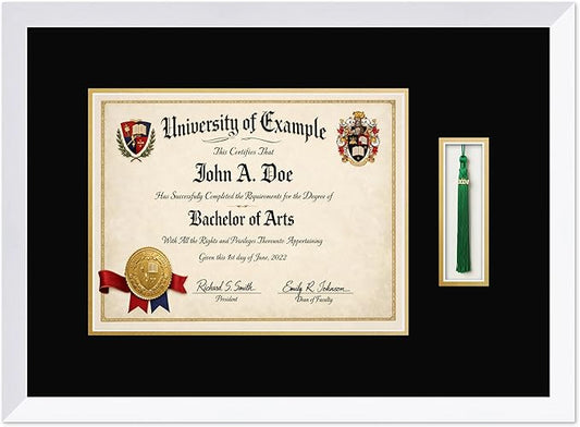 CountryArtHouse Diploma and Tassel Frame Fits 13 x 10 College Diploma (Traditional) with Tassel Bright White Genuine Hardwood Shadowbox with Black Over Metallic Gold Double mat