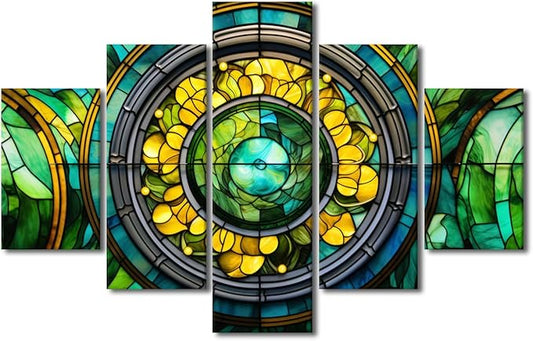 Canvas Wall Art Abstract Canvas Wall Art Decor Green Yellow Brown Canvas Artwork 5 Panel Living Room Decor for Native Americans Bedroom Home Wall Decor Stretched and Framed Ready to Hang 60x40 in