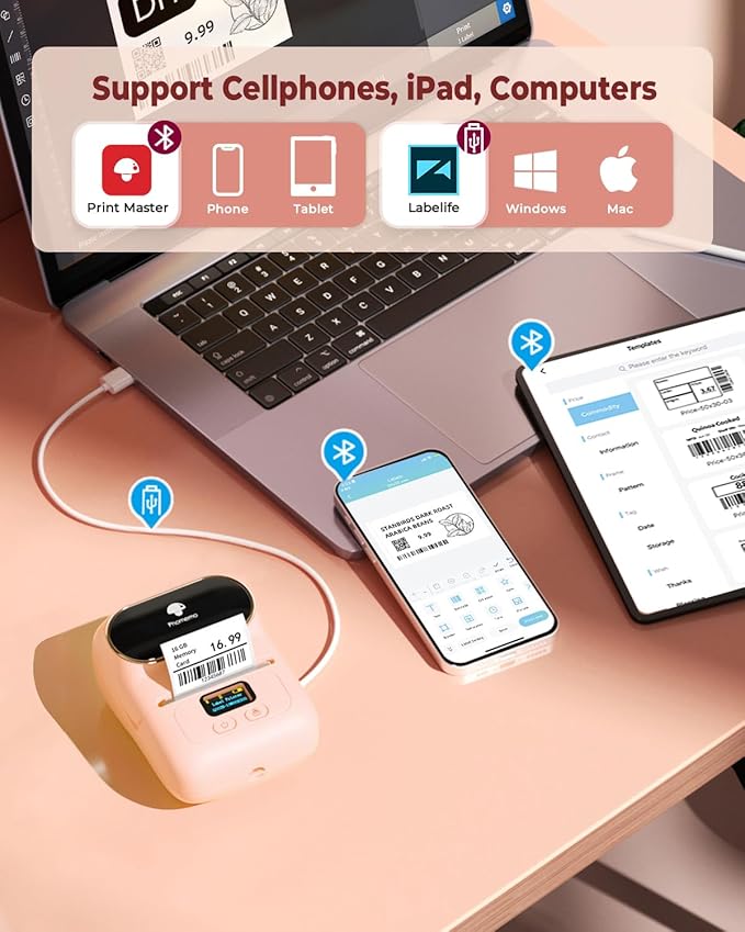 Phomemo M110 Label Maker- with 3 Packs Labels Bluetooth Portable Label Maker No Ink, Mini Barcode Label Printer for Retail, Address, Barcode, Home, for PC/Mac, iOS/Android, Baby Pink