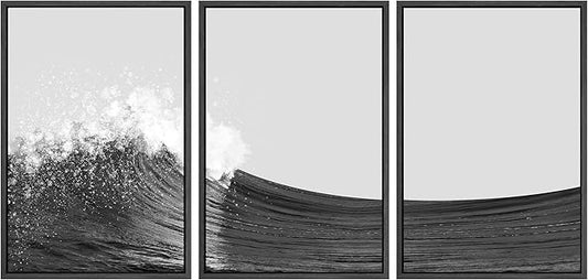 SIGNWIN 3 Piece Framed Canvas Wall Art Black and White Ocean Waves Nature Wilderness Illustrations Abstract Traditional Relax/Calm Home Artwork Decoration for Living Room,Bedroom - 24"x36"x3 Black