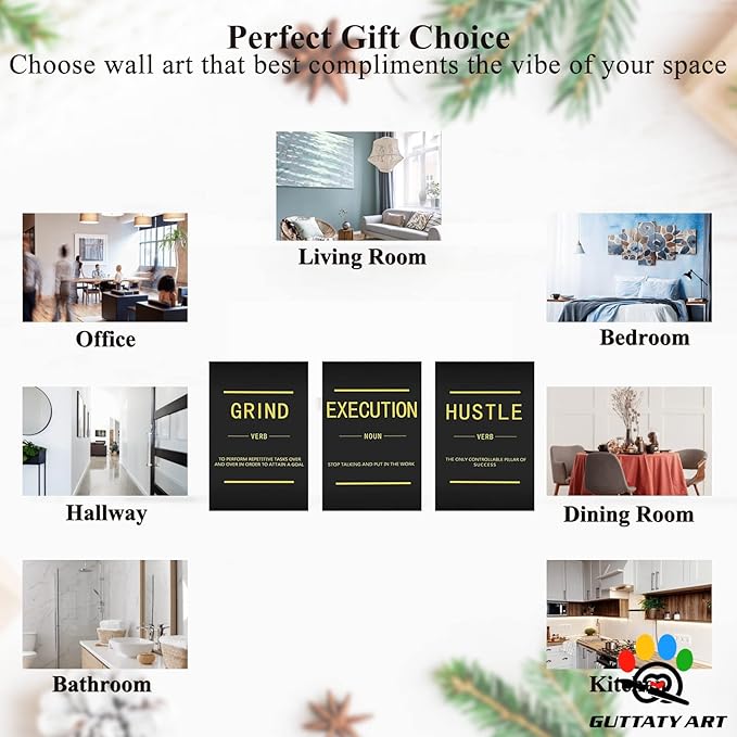 Office Wall Art - 3 Panel Motivational Wall Art, Inspirational Quotes Canvas Art for Home Office Wall Decor, Positive Quotes Wall Decor, Entrepreneur Grind Hustle Execution Poster Frame (24”x36”x3Pcs)
