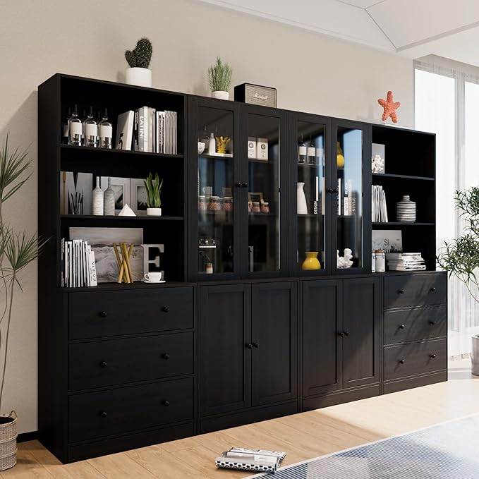 TUSY 71" H Bookshelf with Storage, 6-Tier Modern Bookshelves with 3 Large Drawer, Display Bookcase with Glass Doors, Modern 5-Tier Curio Cabinet for Home Office, Dining Room (Black, AB)