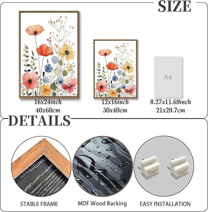 KISSFOX Colorful Wildflower Canvas Wall Art Set Of 3 Flowers Pictures Prints Flowers Printing Floral Watercolors Flower wall Decor Living Room Girls Bedroom Bathroom (White, 12"x16" Natural Framed, Framed)