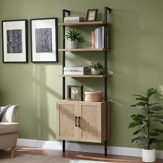 5 Tier Book Shelf, 73" Tall Bookshelf with Storage, Modern Bookcase with Shelves, Wall Mount Ladder Shelf with Steel Frame, Bookshelves with Rattan Cabinet for Living Room (Weathered Oak)