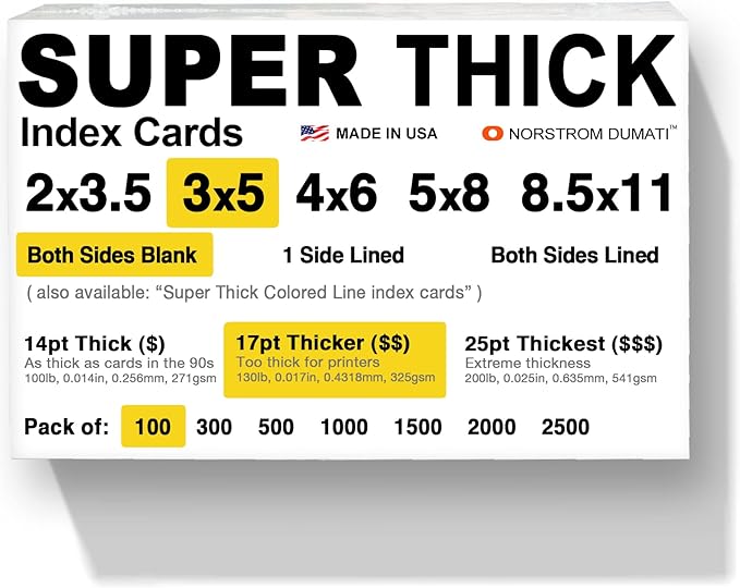 100 SUPER THICK 3x5, 17pt, blank, heavyweight index cards, note cards, postcards, flash cards