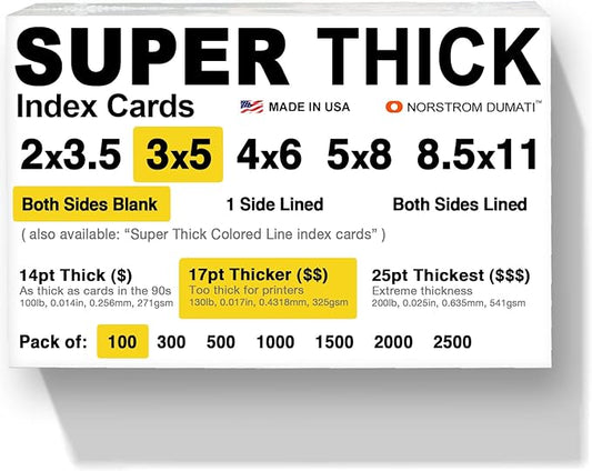 100 SUPER THICK 3x5, 17pt, blank, heavyweight index cards, note cards, postcards, flash cards